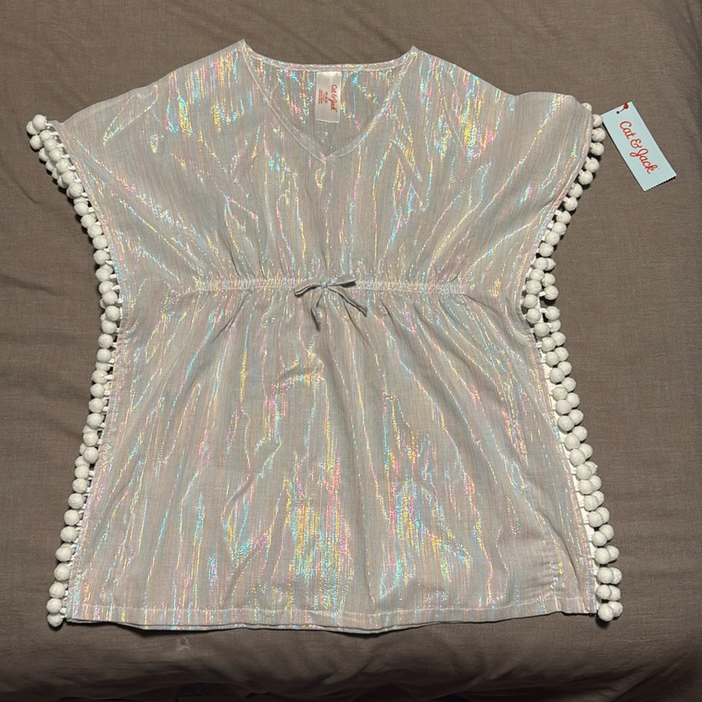 Cat & Jack XS 4/5 iridescent pom pom swim cover-up NWT